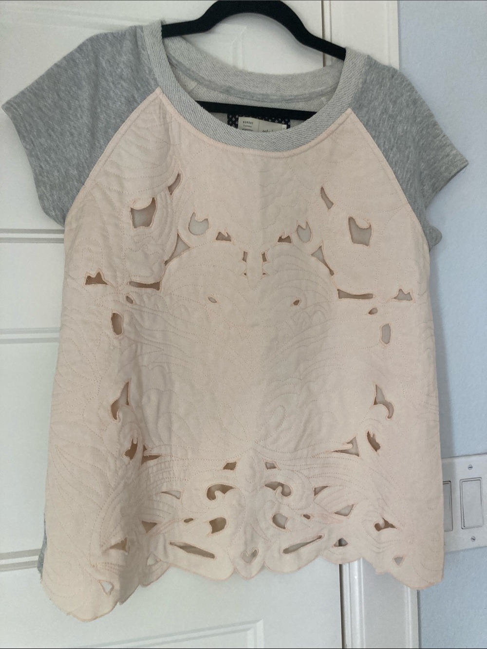 Anthropologie Pale Blush Lace-Detail Tee with Heather Gray Trim